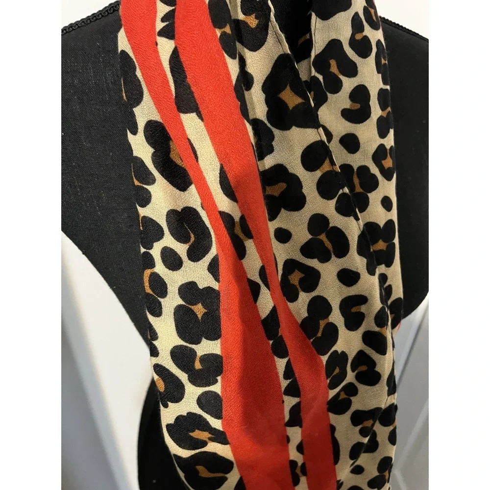 Women's Leopard Print Scard with Red Stripe Accents One Size - Picture 3 of 7